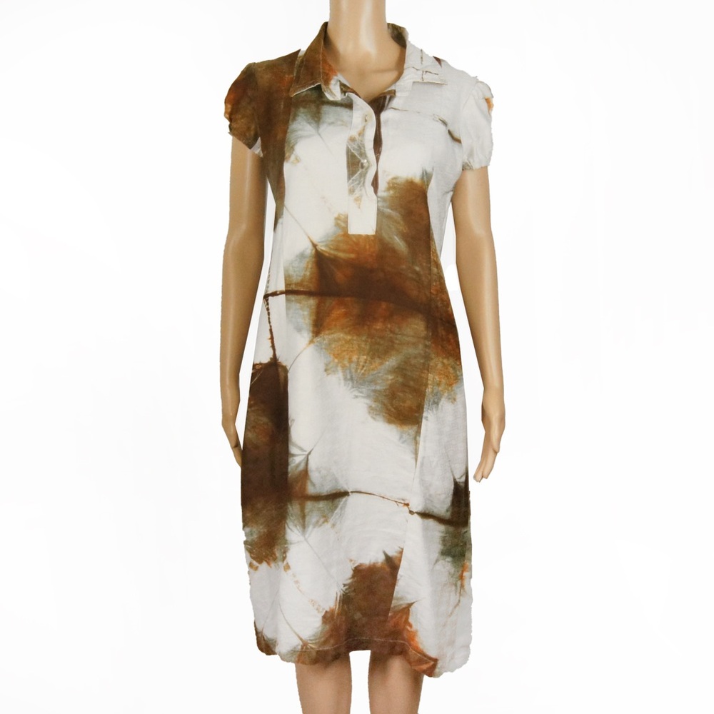 Vintage Rusty Earthy Brown White Tie Dye Short Sleeve Dress